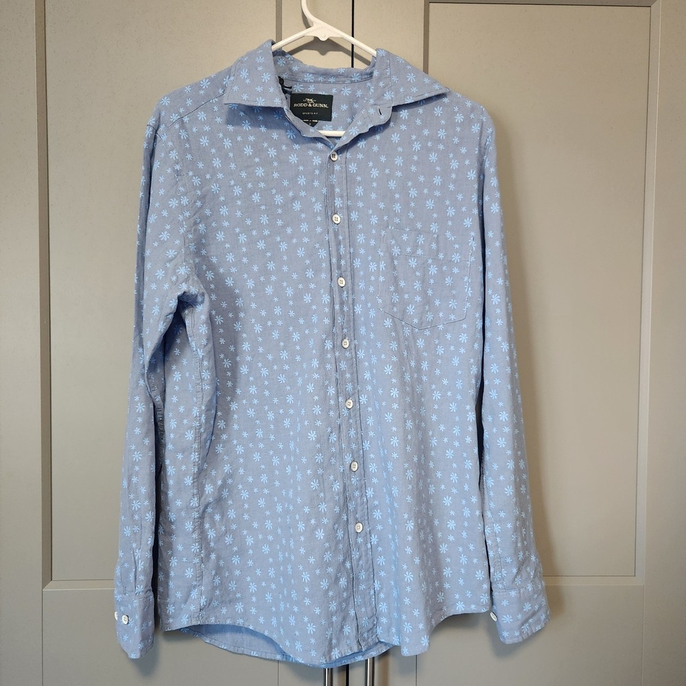 New Rodd & Gunn Shirt S Blue Floral Linen Cotton Blend Sports Fit Long Sleeve